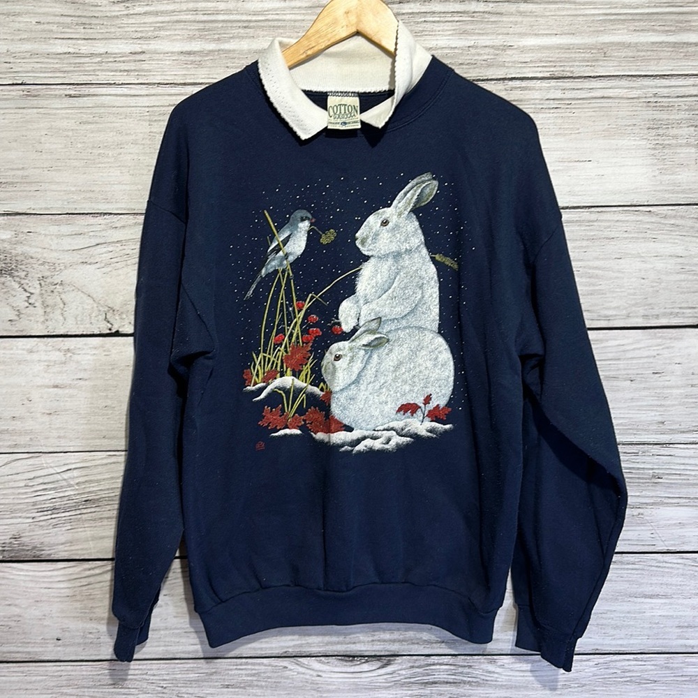 Vintage Cotton Grove Bunny Nature Granny Sweater USA Made L